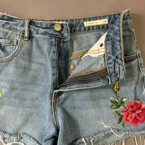 Pacsun shorts women 26 100% cotton embroidered floral high rise denim blue - Picture 4 of 11